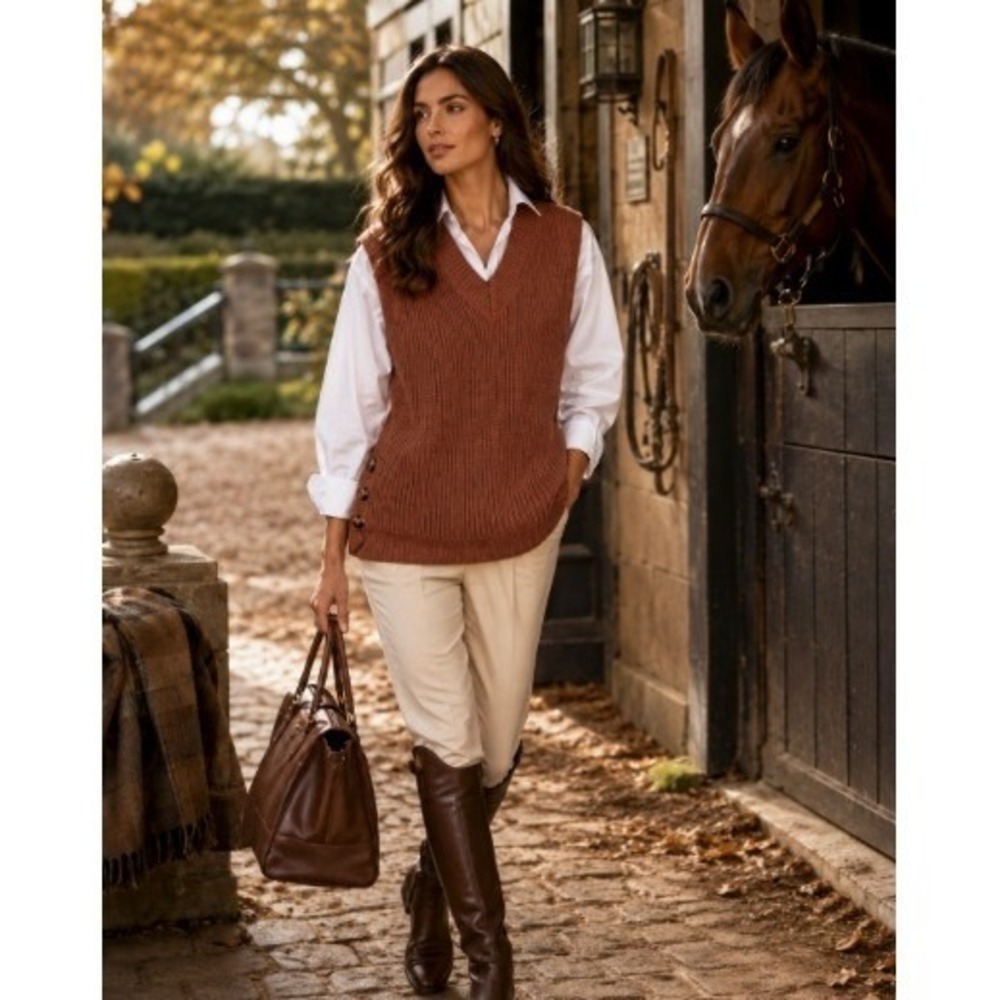 Brown Ribbed Sweater Vest M Equestrian Preppy Dark Academia Side Button